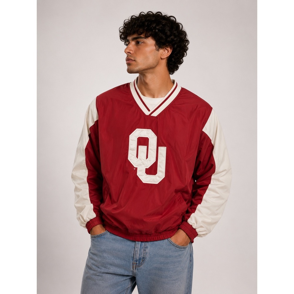 58 Sports Oklahoma Sooners Windbreaker Pullover Red White V-Neck Mens Medium